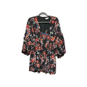 New York & Company black floral puff sleeve babydoll dress xs